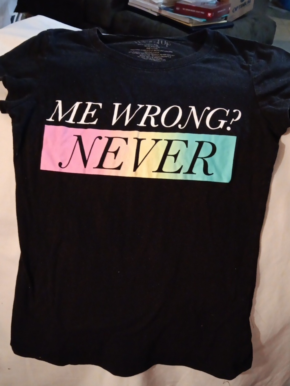 Wound Up Black Tee with Pastel Gradient "NEVER" Graphic